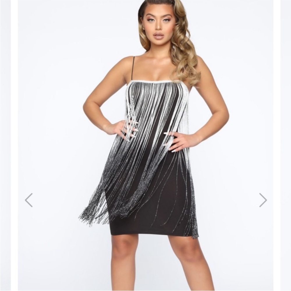 Fashion Nova size L black dress with silver and black fringe